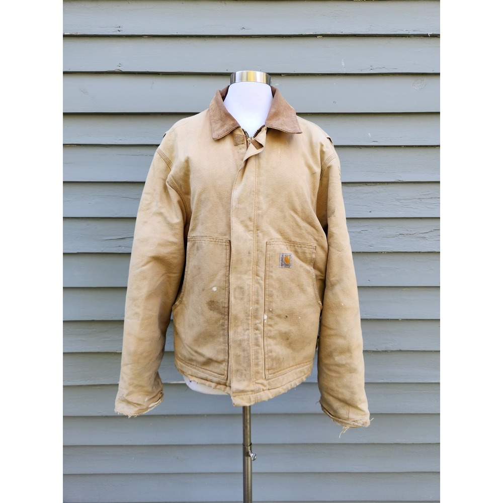 Carhartt Detroit Jacket Tan Distressed Vintage Workwear Canvas Size L